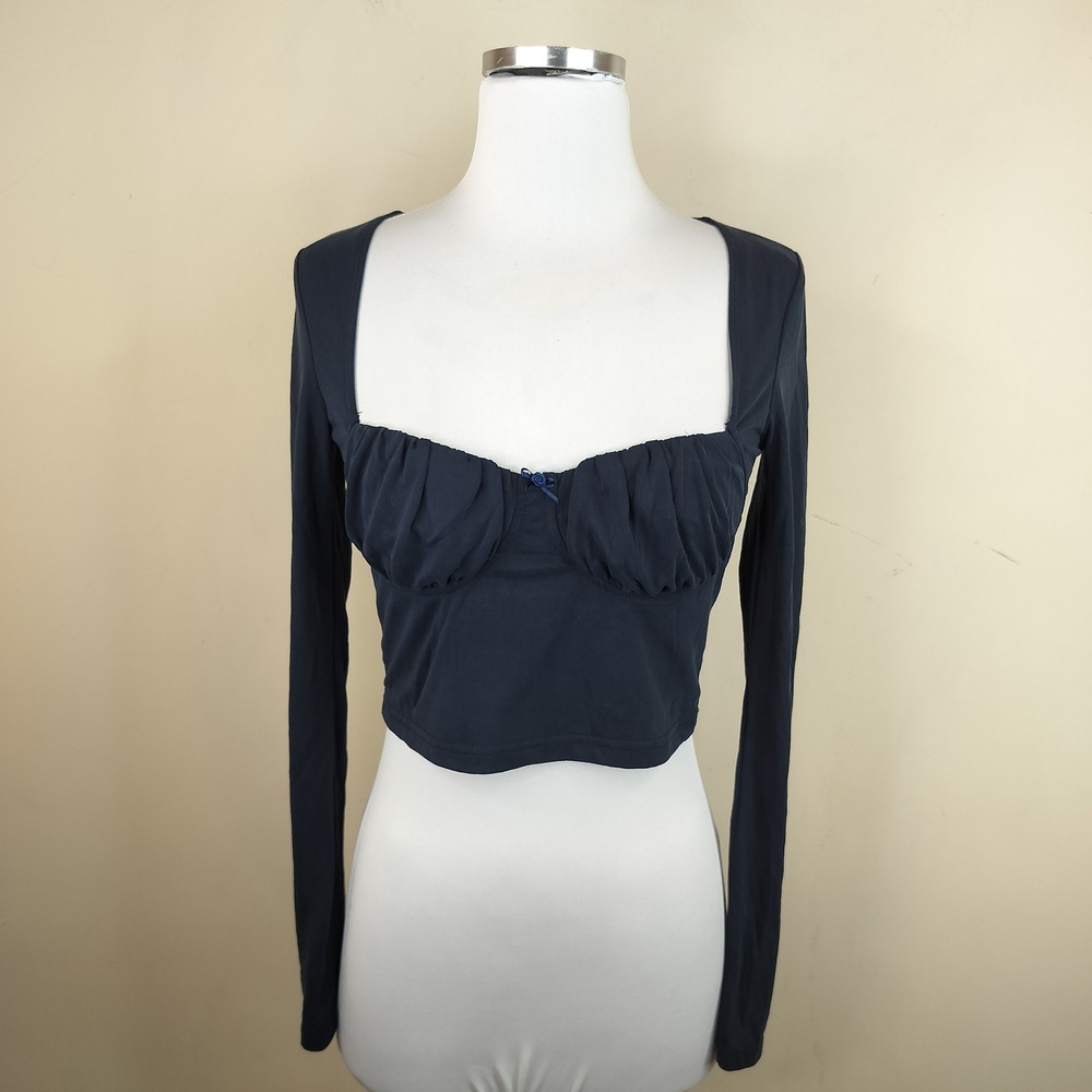 Edikted Crop Top Medium Womens Ruched‎ Bust Long Sleeve Coquette Navy Tee